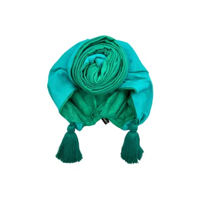 Julia Clancey Women's Green Edith Jade & Azure Peacock Reversible Tassels Linen Turban