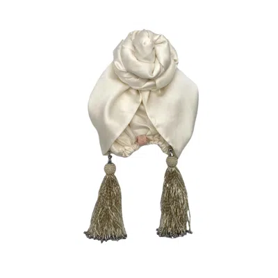Julia Clancey Women's White Ivory Edith Luxe Silver Beaded Tassel Turban