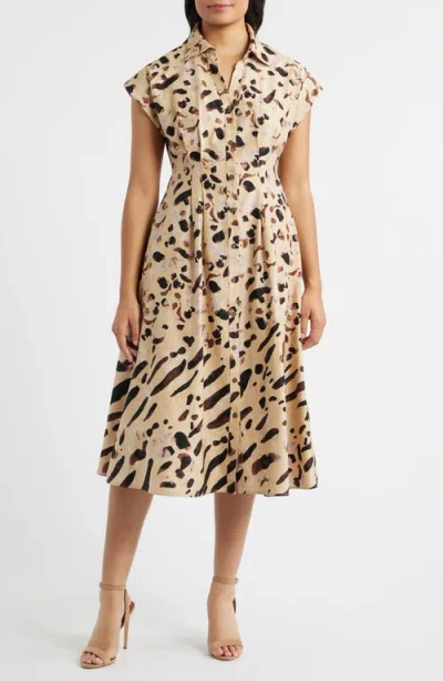 Julia Jordan Abstract Animal Print Stretch Cotton Midi Shirtdress In Neutral