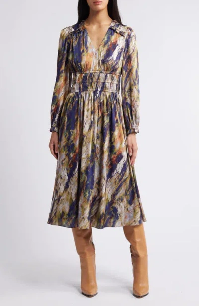 Julia Jordan Abstract Print Long Sleeve Midi Dress In Green Navy Multi