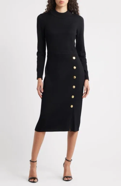 Julia Jordan Button Mock Neck Long Sleeve Midi Dress In Black