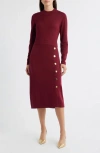 Julia Jordan Button Mock Neck Long Sleeve Midi Dress In Burgundy
