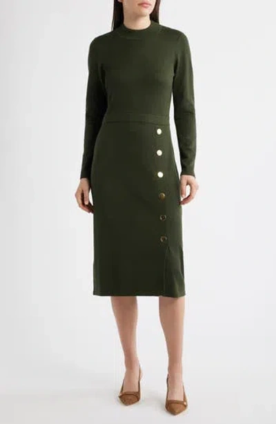 Julia Jordan Button Mock Neck Long Sleeve Midi Dress In Green