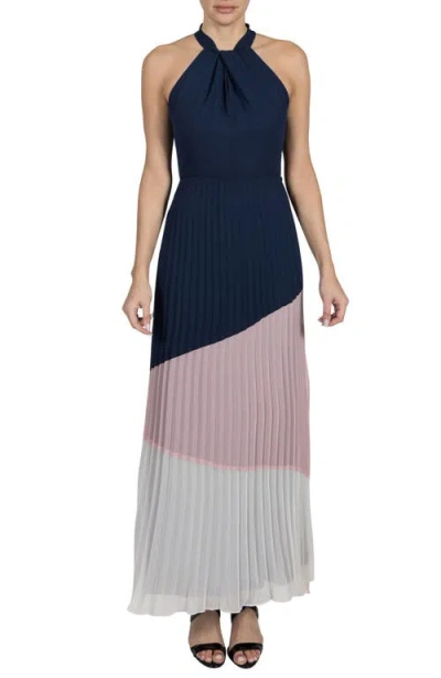 Julia Jordan Colorblock Twist Halter Neck Maxi Dress In Navy