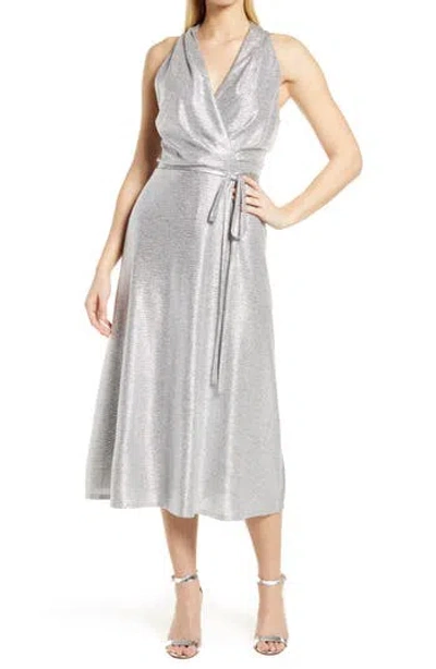 Julia Jordan Donna Ricco Halter Neck Metallic Faux Wrap Dress In Silver