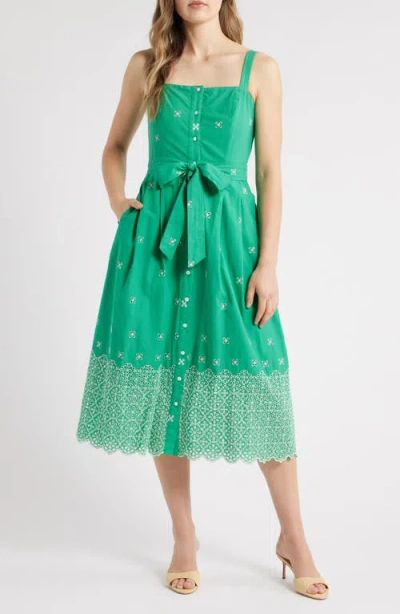 Julia Jordan Embroidered Cotton Midi Sundress In Green