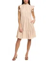 Julia Jordan Embroidered Ruffle Sleeve Cotton Dress In Beige