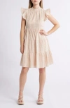 Julia Jordan Embroidered Ruffle Sleeve Cotton Dress In Beige Ivory