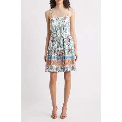 Julia Jordan Floral Border Print Cotton Sundress In Ivory Multi