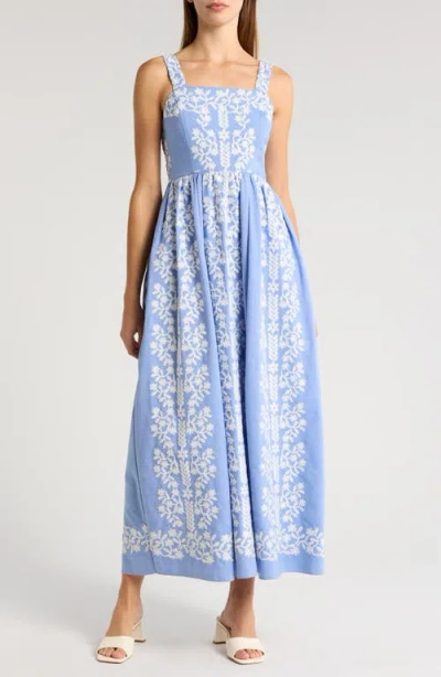 Julia Jordan Floral Embroidered Maxi Dress In Blue Ivory