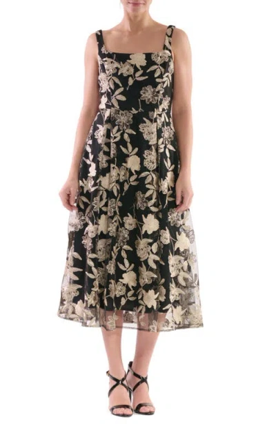 Julia Jordan Floral Embroidered Sleeveless Midi Dress In Black Gold