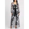 Julia Jordan Floral Embroidery Long Jacket & Jumpsuit Set In Black/silver