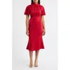 Julia Jordan Floral Jacquard Satin Flutter Sleeve Midi Dress In Red