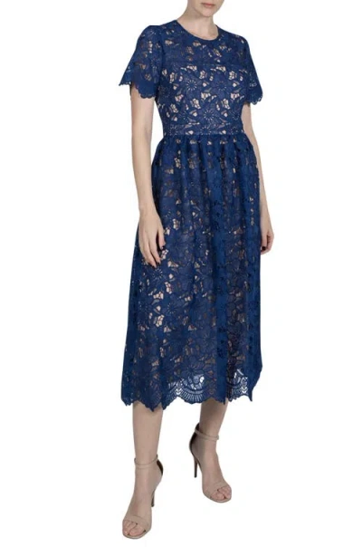 Julia Jordan Floral Lace Cocktail Midi Dress In Navy