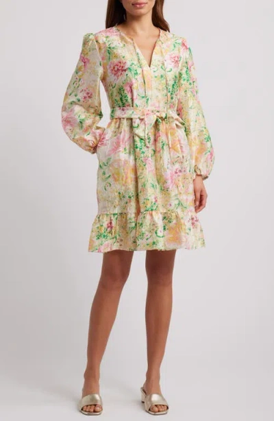 Julia Jordan Floral Long Sleeve Crinkled Satin Babyboll Dress In Yellow
