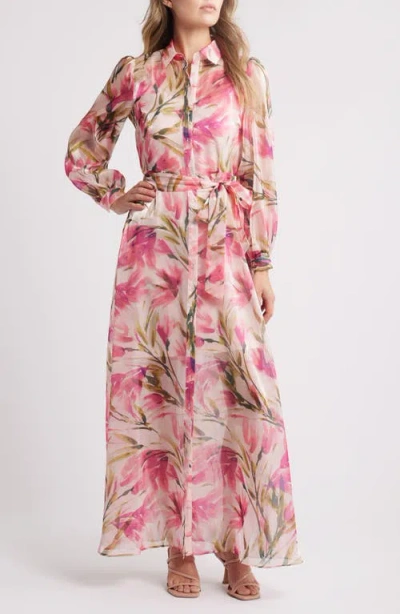 Julia Jordan Floral Long Sleeve Maxi Shirtdress In Pink Multi