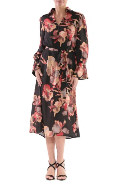 Julia Jordan Floral Long Sleeve Midi Shirtdress In Black Orange