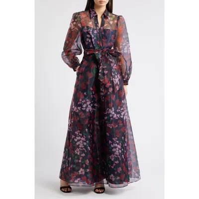 Julia Jordan Floral Long Sleeve Organza Shirtdress Gown In Multi