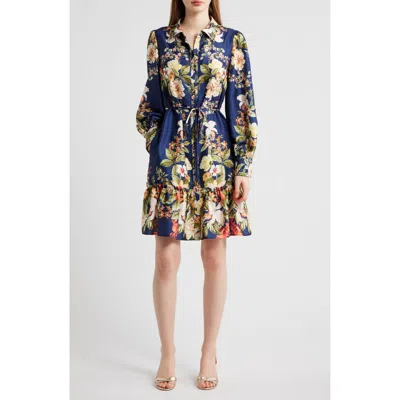 Julia Jordan Floral Long Sleeve Satin Shirtdress In Blue
