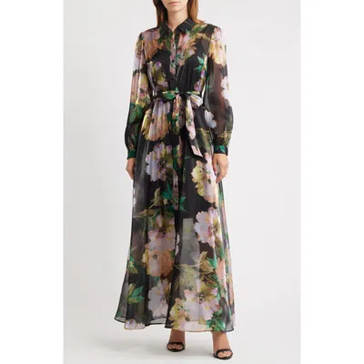 Julia Jordan Floral Long Sleeve Shirtdress Gown In Black