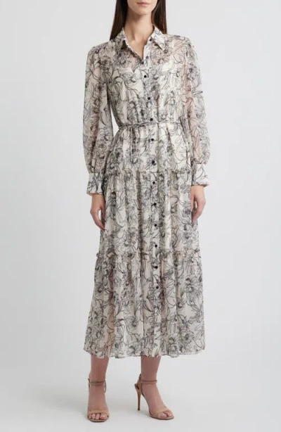Julia Jordan Floral Long Sleeve Tiered Midi Shirtdress In Ivory Multi