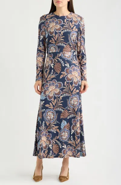 Julia Jordan Floral Long Sleeve Velvet Midi Dress In Blue