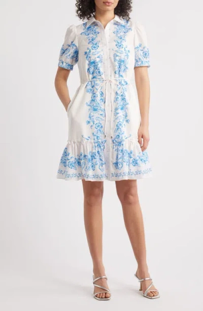 Julia Jordan Floral Placement Print Puff Sleeve Shirtdress In Ivory Blue