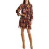 Julia Jordan Floral Print Pleated Long Sleeve A-line Dress In Brown Multi