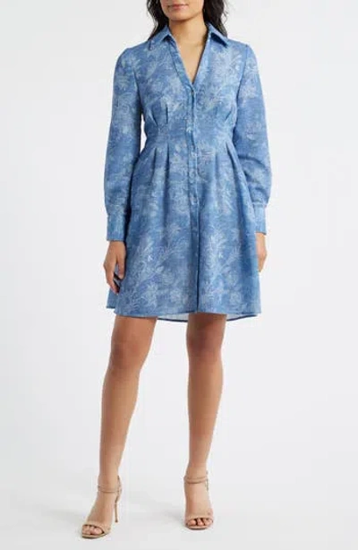 Julia Jordan Floral Pleated Waist Long Sleeve Shirtdress In Blue