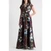 Julia Jordan Floral Print Belted Satin Gown In Burgundy