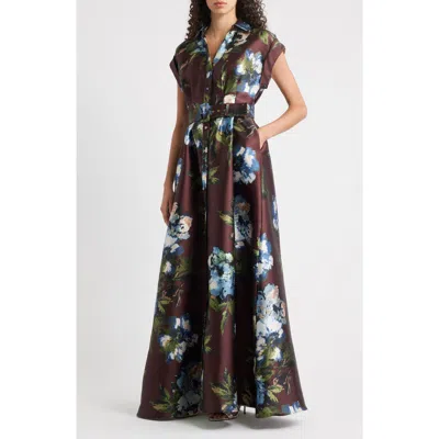 Julia Jordan Floral Print Belted Satin Gown In Burgundy