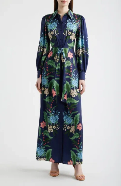 Julia Jordan Floral Print Long Sleeve Maxi Shirtdress In Blue