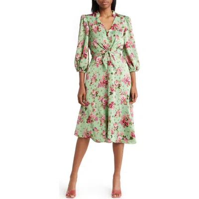 Julia Jordan Floral Print Tie Front Long Sleeve Dress In Green
