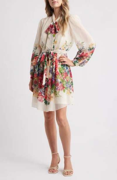 Julia Jordan Floral Print Tie Neck Long Sleeve Dress In Ivory Multi