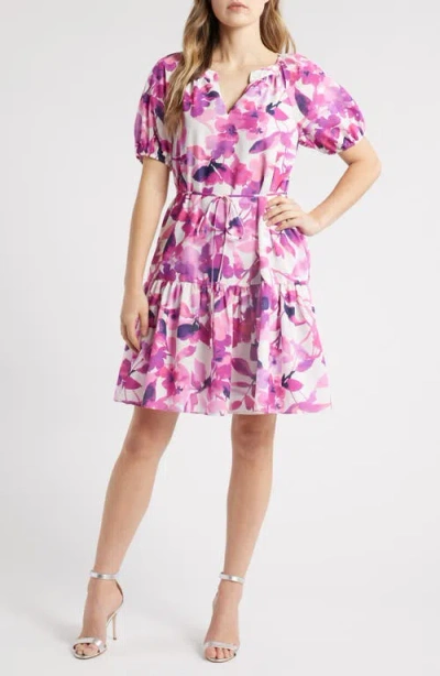 Julia Jordan Floral Print Tie Waist Puff Sleeve Dress In Magenta Mu