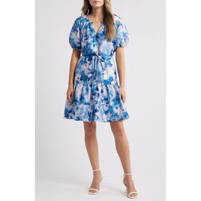 Julia Jordan Floral Puff Sleeve Crinkle Minidress In Blue Multi