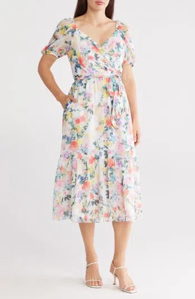 Julia Jordan Floral Short Sleeve Faux Wrap Midi Dress In Ivory Multi