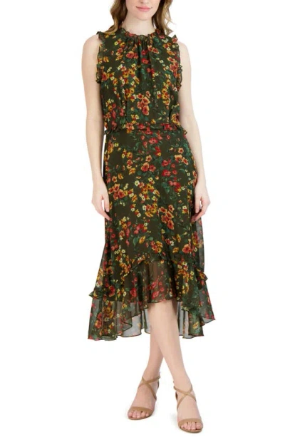 Julia Jordan Floral Sleeveless Ruffled High-low Midi Dress In Green