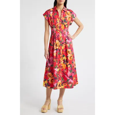 Julia Jordan Floral Stretch Cotton Midi Shirtdress In Red Multi