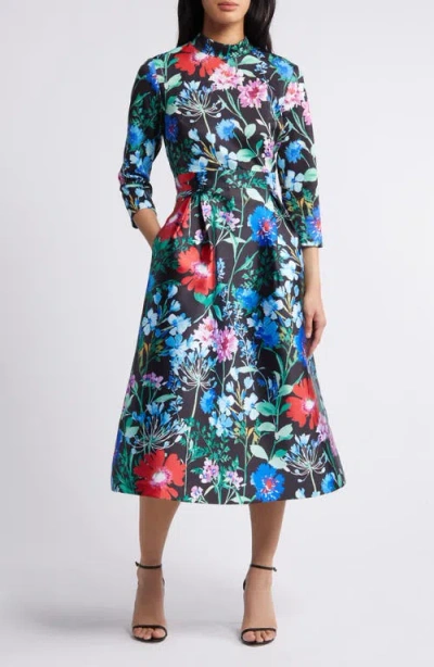 Julia Jordan Floral Three-quarter Sleeve Midi Fit & Flare Dress In Black Multi