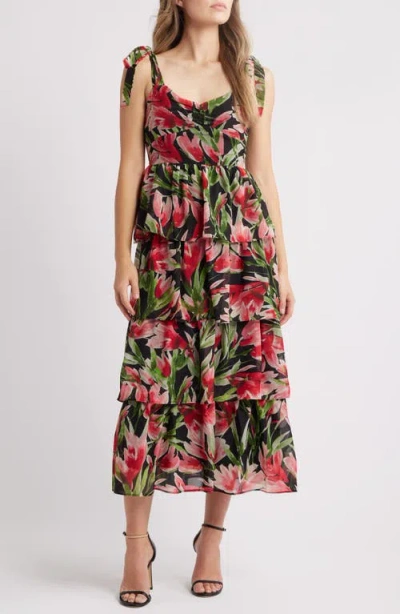 Julia Jordan Floral Tie Strap Tiered Midi Dress In Black Multi