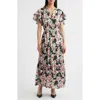Julia Jordan Floral Tiered Split Neck Ruffle Sleeve Satin Dress In Multi