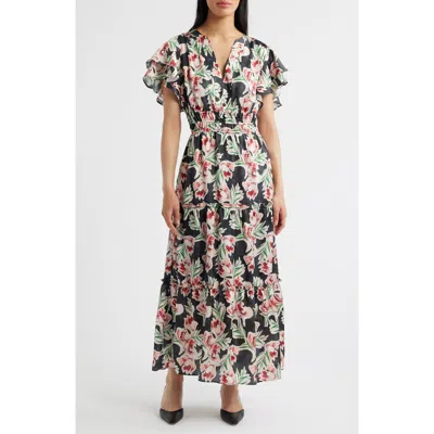 JULIA JORDAN JULIA JORDAN FLORAL TIERED SPLIT NECK RUFFLE SLEEVE SATIN DRESS