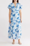 Julia Jordan Flutter Sleeve Tiered Maxi Dress In Blue Ivory