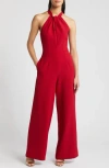 Julia Jordan Halter Neck Wide Leg Jumpsuit In Burgundy