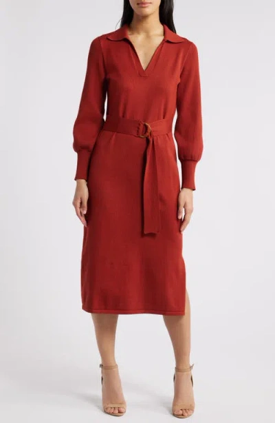 Julia Jordan Johnny Collar Long Sleeve Midi Sweater Dress In Spice