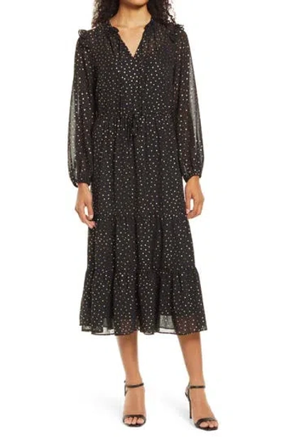 Julia Jordan Julie Jordan Drawstring Waist Long Sleeve Midi Dress In Black/gold