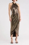 Julia Jordan Knot Neck Tulip Hem Metallic Dress In Brown