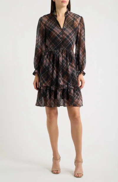 Julia Jordan Long Sleeve Plaid Georgette Dress In Black