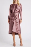 Julia Jordan Long Sleeve Satin Cocktail Midi Dress In Mauve